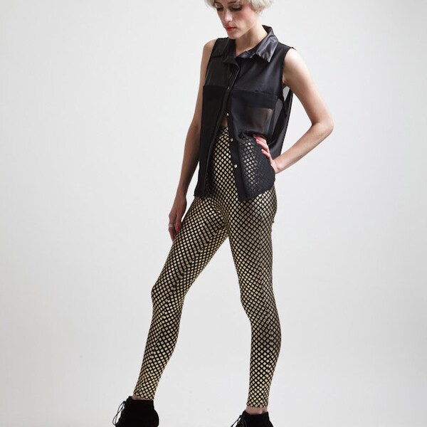 Raised Gold Metallic Diamonds Neoprene black and gold Premium Super High Waist Leggings