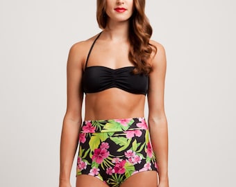 Tahitian Princess High Waisted Pink Hibiscus Print Pinup Style Bikini Bottoms