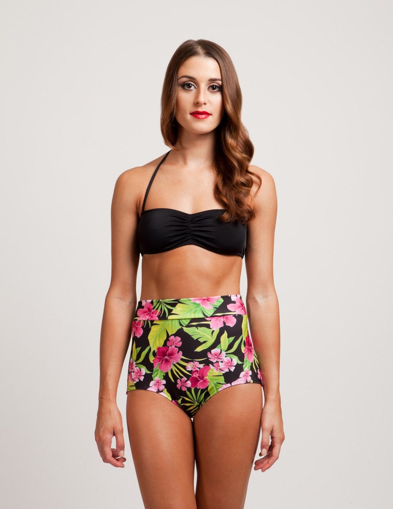 Tahitian Princess High Waisted Pink Hibiscus Print Pinup Style Bikini Bottoms image 1