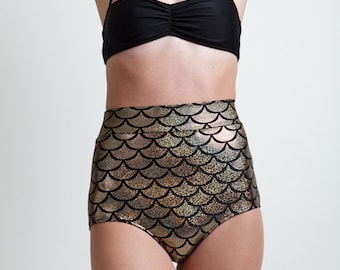 Mediterranean Gold Mermaid High Waist holograph metallic Bikini Bottoms