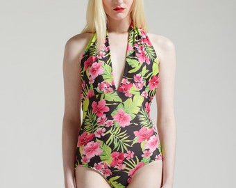 Tahitian Pink Floral Marilyn One Piece Halter Bathing Suit