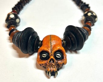 Big Bad Voodoo Mama Orange Skull ZombieHead Necklace