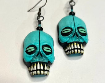 Turquoise Naightmare Skull Zombie Head Earrings