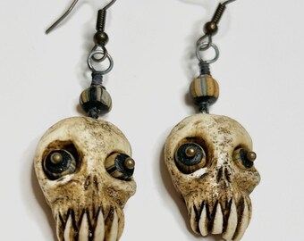 Tiny Gypsy Glow In the Dark Beaded Skull, Voodoo Zombie Head Earrings