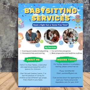 Canva Babysitting Flyer, Childcare Flyer, Babysitter Flyer, Nanny Flyer, Daycare Flyer, Babysitter Template, Babysitter Canva Template