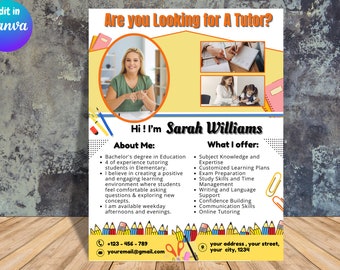 Bearbeitbare Tutor Flyer Vorlage: Englisch, Mathe, Online-Nachhilfe (Canva PDF)