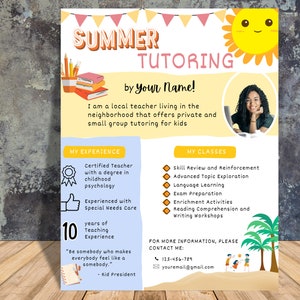 Editable Tutoring Flyer Template for English, Math - Perfect for Online, Private, Summer Tutoring Services, Childcare, and Teacher Flyers