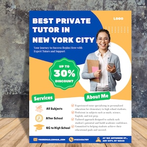 Tutoring Flyer Template Printable | Editable English, Math Tutor Flyer | Online, Summer, Kids Tutoring Services | Customizable Tutor Flyers