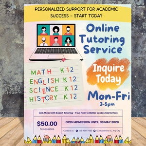 Tutoring Flyer | Editable Tutoring Flyer Template | English, Math Tutor Flyer Designs | Online, Summer, Printable Kids Tutoring Flyer