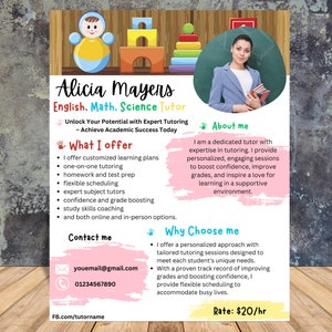Customizable Tutoring Flyers | Editable Tutoring Flyer Template | English, Math Tutor Flyer Designs | Online, Summer, Kids Tutoring Flyer