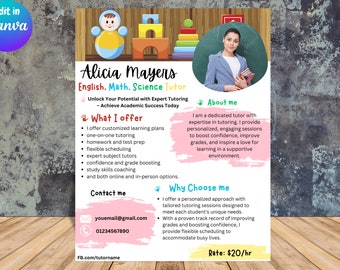 Bearbeitbare Tutor Flyer Vorlage: Englisch, Mathe, Online Nachhilfe (PDF)