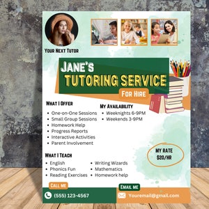 Editable Tutoring Flyer Template | English, Math Tutor Designs | Online, Summer, Kids Tutoring Services | Customizable Tutor Flyers