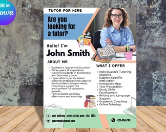 Bearbeitbare Tutor Flyer Vorlage: Englisch, Mathe, Online-Nachhilfe (Canva PDF)