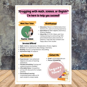 Editable Tutoring Flyer Template | English, Math Tutor Designs | Online, Summer, Kids Tutoring Services | Customizable Tutor Flyers
