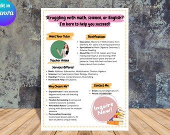 Bewerkbare sjabloon folder voor bijles: Engels, wiskunde, zomerlessen (canva-pdf)