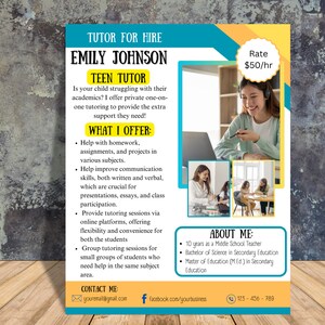 Printable Tutoring Flyer Template | English, Math Tutor Designs | Online, Summer, Kids Tutoring Services | Customizable Tutor Flyers