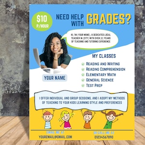 Printable Tutoring Flyer Template | English, Math Tutor Designs | Online, Summer, Kids Tutoring Services | Customizable Tutor Flyers