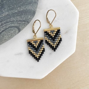 Geometric Beadwork Earrings Black, Gold and Gunmetal / Beaded Earrings / Seed bead Earrings image 1