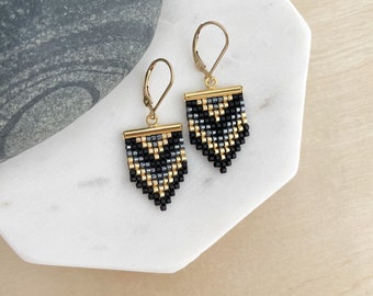 Geometric Beadwork Earrings - Black, Gold and Gunmetal / Beaded Earrings / Seed bead Earrings