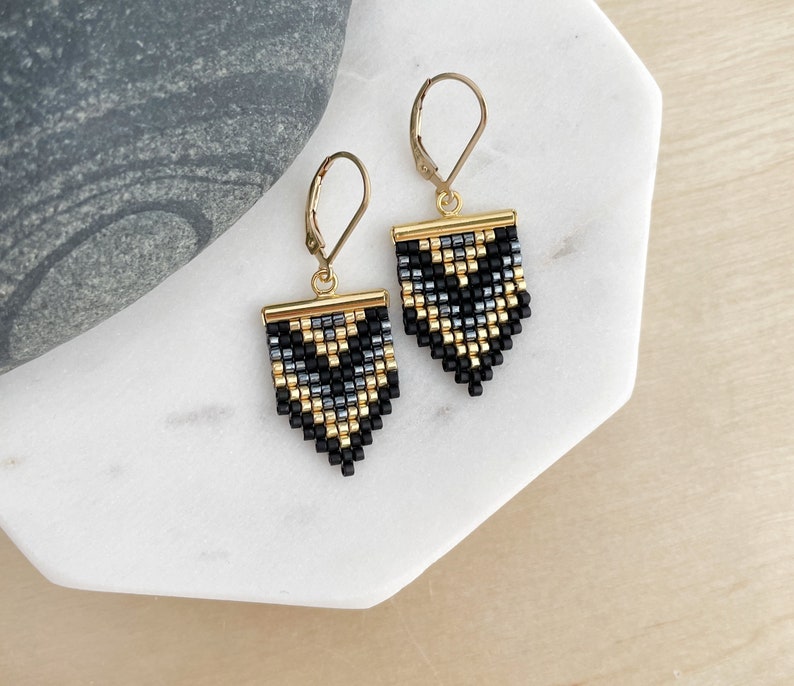 Geometric Beadwork Earrings Black, Gold and Gunmetal / Beaded Earrings / Seed bead Earrings image 1