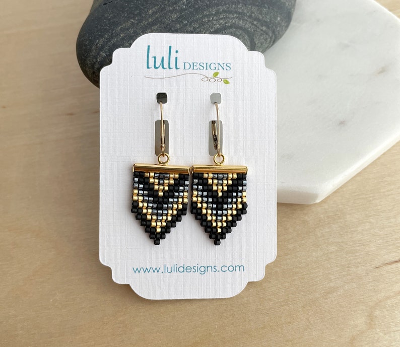 Geometric Beadwork Earrings Black, Gold and Gunmetal / Beaded Earrings / Seed bead Earrings image 2