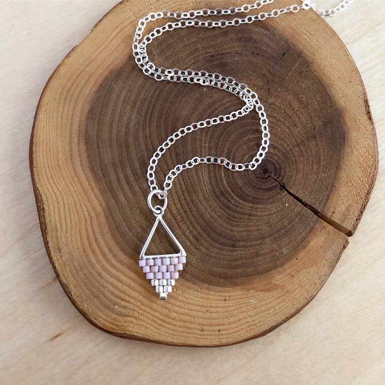 Mini Triangle Beadwork Pendants / Beadwork Necklace / Beaded Pendant / Minimalist Necklace Blush / Silver