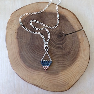 Mini Triangle Beadwork Pendants / Beadwork Necklace / Beaded Pendant / Minimalist Necklace Blue Grey / Copper