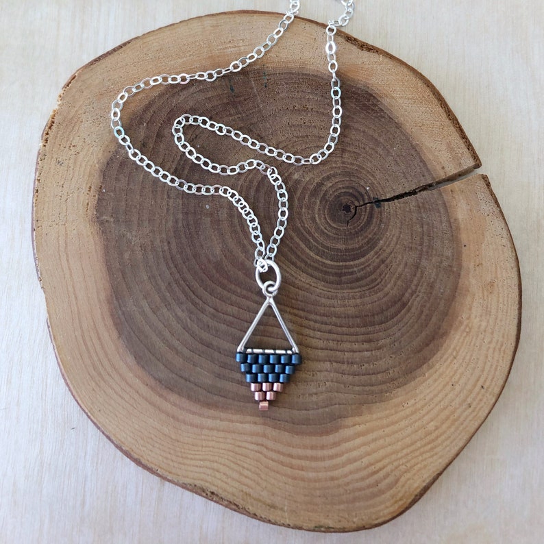 Mini Triangle Beadwork Pendants / Beadwork Necklace / Beaded Pendant / Minimalist Necklace Blue Grey / Copper