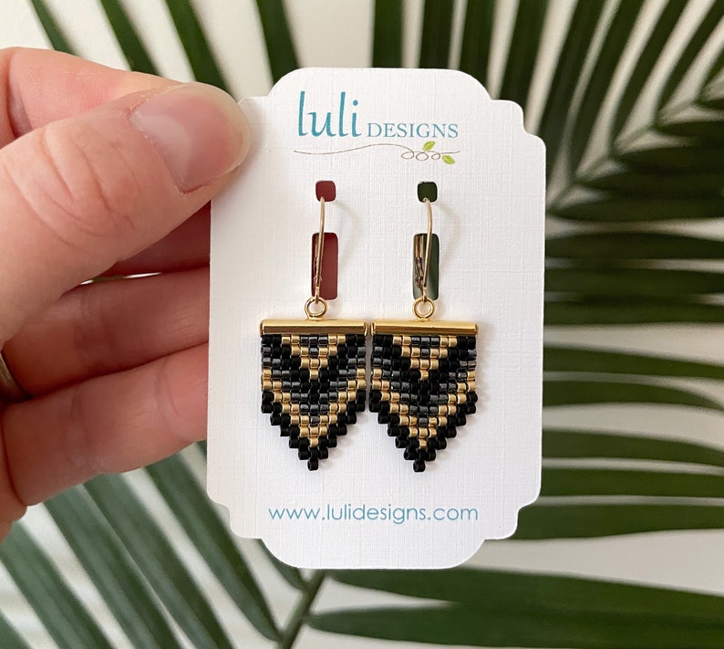 Geometric Beadwork Earrings Black, Gold and Gunmetal / Beaded Earrings / Seed bead Earrings image 3