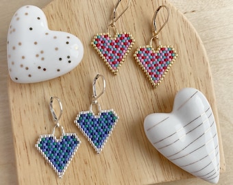 Love Lock Heart Beadwork Earrings / Hand Beaded Earrings / Handwoven Earrings / Beaded Love Earrings / Confetti Pattern Earrings