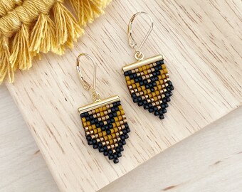 Geometric Beadwork Earrings - Black and Caramel / Beaded Earrings / Seed bead Earrings