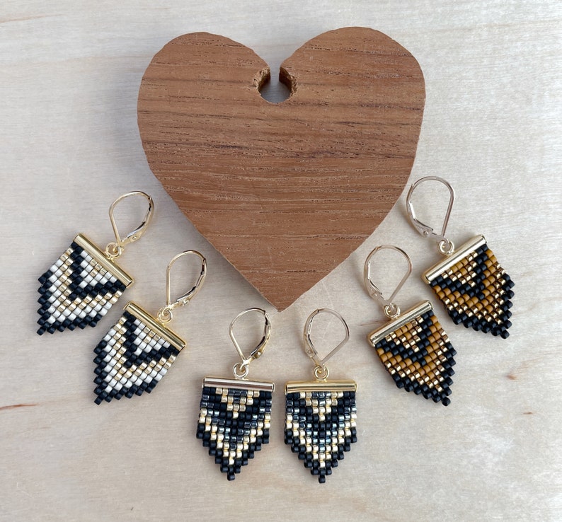 Geometric Beadwork Earrings Black, Gold and Gunmetal / Beaded Earrings / Seed bead Earrings image 4