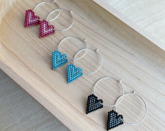 Beaded Heart Hoop Earring / Beadwork Heart Hoop Earring / Red Heart Earrings / Black Heart Earrings / Teal Heart Earrings / Hoop Earrings