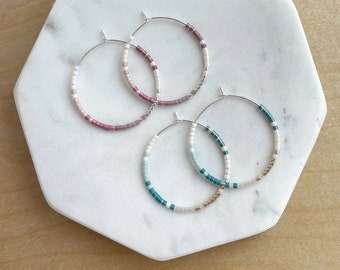 Tropical Beaded Hoop Earrings / Sterling Silver Beaded Hoops / Summer Hoop Earrings