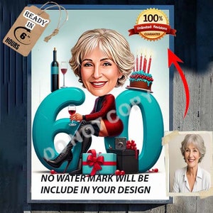 60e verjaardag karikatuur, 60e verjaardagskaart, karikatuur verjaardag verjaardagscadeau voor man, echtgenoot, vrouw karikatuur van foto aangepaste verjaardag