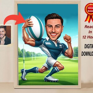 CARICATURA DEL GIOCATORE DI RUGBY Disegno animato da foto Decorazione da parete unica Regalo per giocatori di rugby Allenatore Fan Schizzi disegnati a mano Football americano