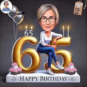 Benutzerdefinierte 65. Geburtstag Karikatur | Lustige Frauen Porträt | Personalisiertes Geschenk für Sie | Digitale Cartoon Kunst | Einzigartiges Geburtstags für Mama Oma