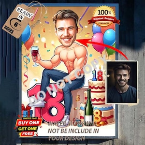 PERSONALIZADO 18 ANIVERSÁRIO CARICTURA, Aniversário Desenho Animado Retrato, 18 Aniversário Presente, Aniversário Presente Feliz Aniversário Desenho Animado Retrato Feliz 18 Aniversário