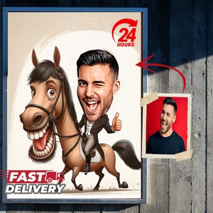 Custom Dressage Cartoon Portrait Horse Rider Caricature Funny Horse Lover Cartoon Gifts Gift For Him Unique Wall Décor Custom Horse riding