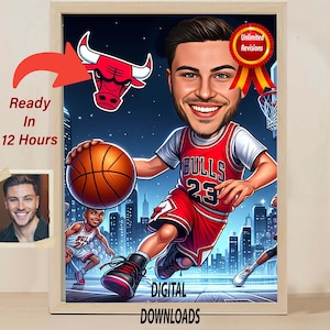 CUSTOM BASKETBALL TEAM Karikatur Bulls Cartoon Portrait Geschenk für ChICAGO Fans Coach Player Einzigartige Hand gezeichnete Skizzen Basketball Geschenke