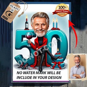 AANGEPASTE karikatuur van de 50e verjaardag, gelukkige 50e verjaardag cartoon portret, karikatuur cadeau 50e verjaardag, karikatuur van foto's, cadeau voor hem