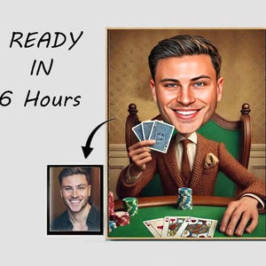 Retrato de caricatura de jugador de póquer personalizado, retrato de póquer, regalo para jugador de cartas, caricatura de jugador, caricatura de foto, juego, para él
