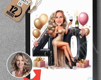 Customized 40th Birthday Caricature from Photos, Happy Birthday Cartoon Portrait Gift, Happy 40th Birthday, Caricature from photo