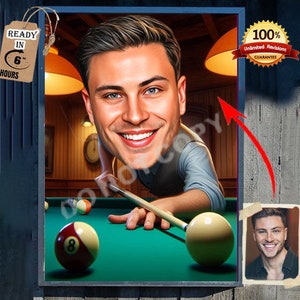 CUSTOM SNOOKER Caricature Personalised Cartoon American Pool player, Digital Caricature Drawing From Photo, Male, pool player, 9 ball player