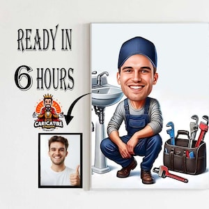Peut inclure: Illustration de dessin animé d'un plombier souriant portant une casquette bleue et une salopette, agenouillé près d'un évier et d'une boîte à outils remplie de clés. L'image comprend le texte "READY IN 6 HOURS" et un logo "CARICATURE KINGDOM".