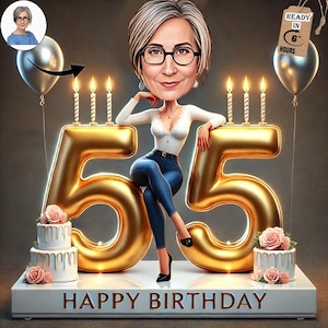Aangepaste karikatuur 55e verjaardag | Grappig vrouwenportret | Gepersonaliseerd cadeau voor haar | Digitale tekenfilmkunst | Uniek cadeau voor moeder, vrouw en zus