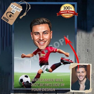 SOCCER PLAYER Caricature football Portrait, Gift for him, Soccer Cartoon, Funny football Gift, Custom Caricature from Photo, Any team