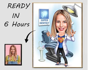 Super weiblicher Zahnarzt, kundenspezifisches Karikatur-Porträt, Karikatur-Dental Frau Hygienist-Assistent, Kieferorthopäde-Ruhestands-Geburtstagsgeschenk