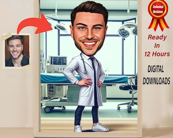 Caricatura de médico personalizada, retrato divertido (descarga digital)