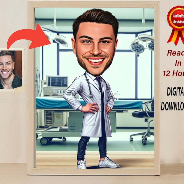 Personalized Doctor Caricature Custom Doctor Caricature Doctor Gift Funny Doctor Cartoon Portrait Fun Doctor Caricature Cartoon From Photo